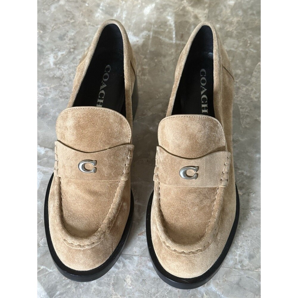 Coach CU227 Women’s 9B Tan Suede Heeled Loafers Sculpted C Chunky Heel - Picture 4 of 11
